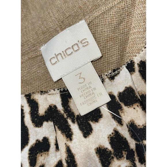 𝅺chico's 3 (XL) Brown Open Front Cardigan Leopard Peek-a-Boo Panel Back Sweater - Picture 3 of 8